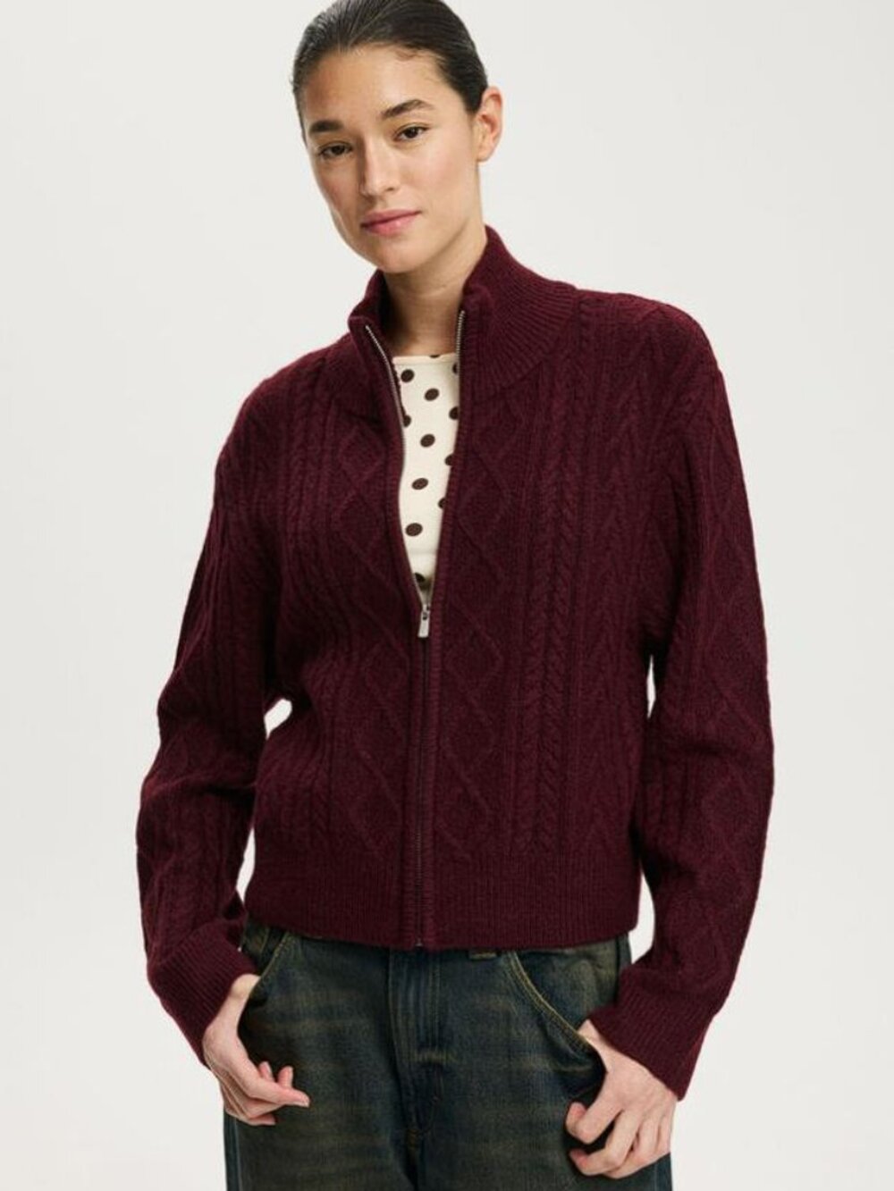 COTTON ON Women's Cable Knit Bomber Size M in Cherrywood